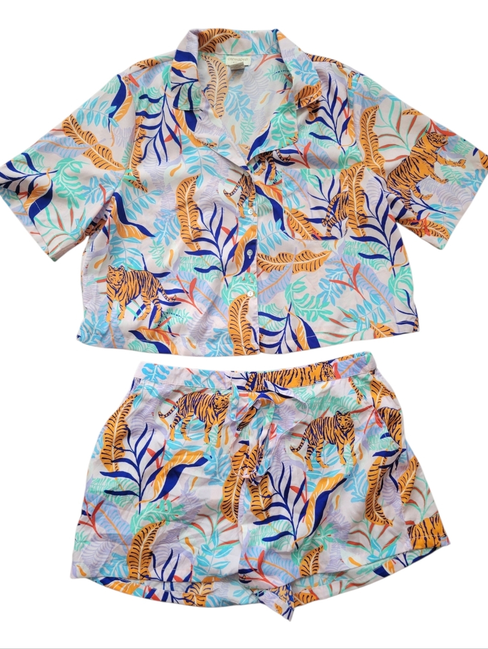 Cynthia Rowley Pajama Set Shorts & Button Down Tiger Safari Floral Summer LG